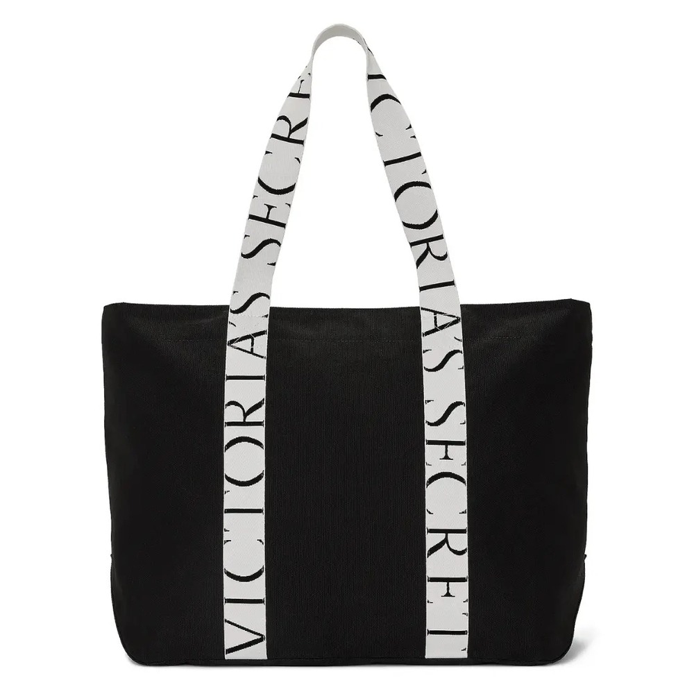 Victorias Secret Large Black Canvas Tote VS Logo Print Bag